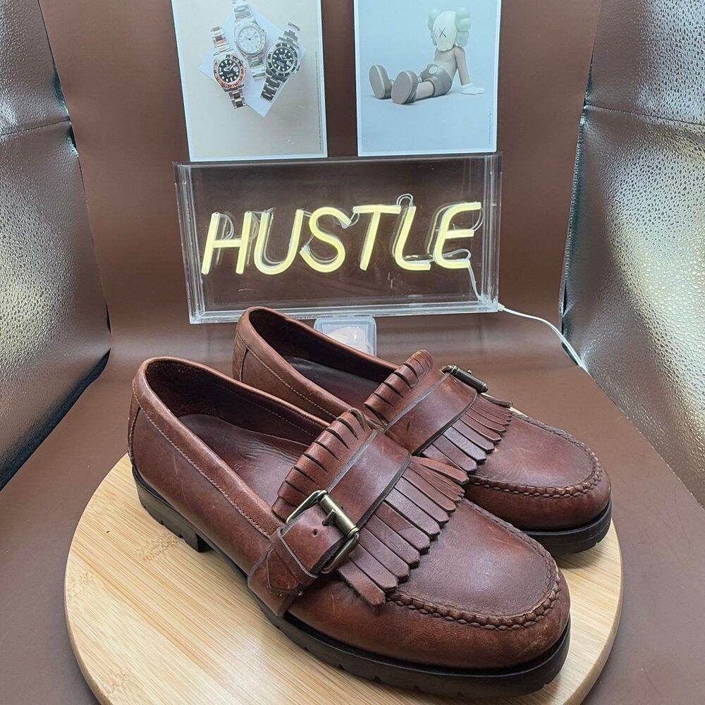 Polo RL Mens Loafers Sz 8.5 Brown Leather Kiltie Fringe Side Buckle Moccasin